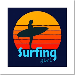 Surfing Girl Morning Sun Posters and Art